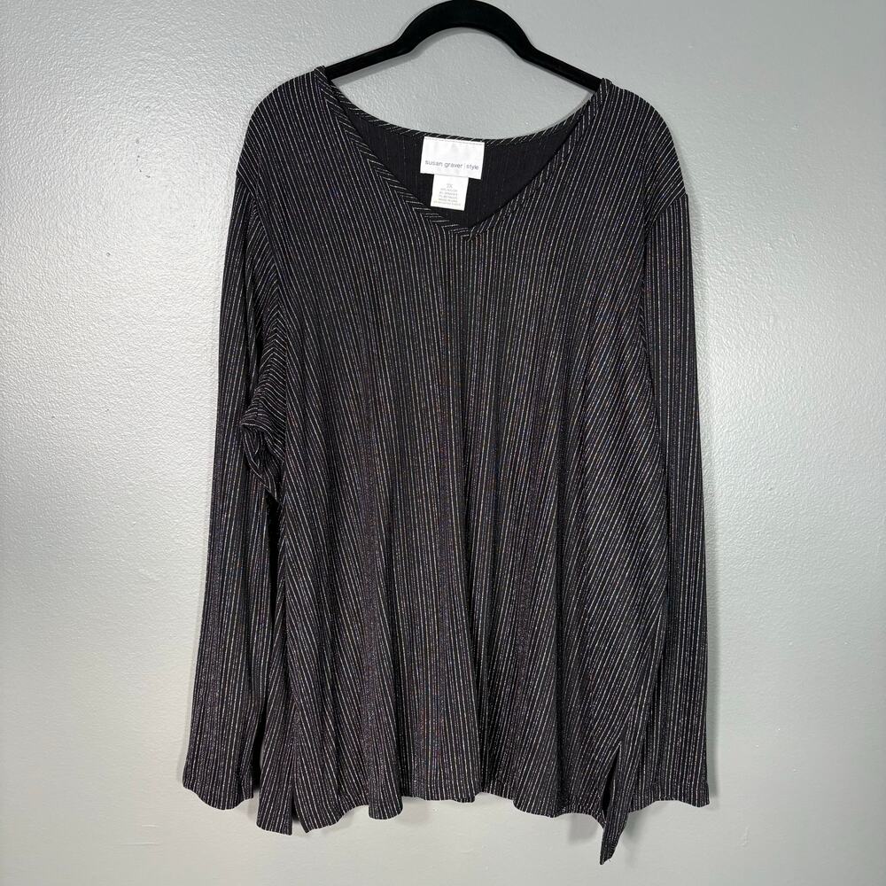 Susan Graver Minimalist Glam Black & Silver Striped Top - 2X - Women's Plus Size